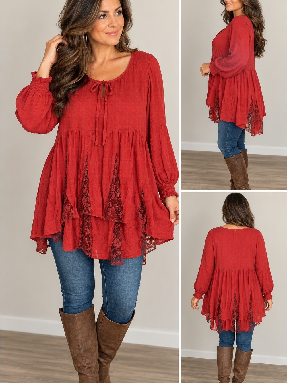 American Eagle Outfitters Red Lace-Tiered Peasant Tunic